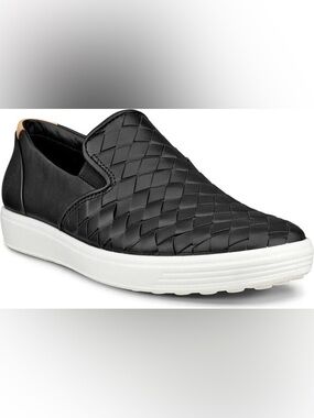 ECCO Soft 7 Woven Slip On Sneakers Black Leather Comfort Shoes Flats Euro 37